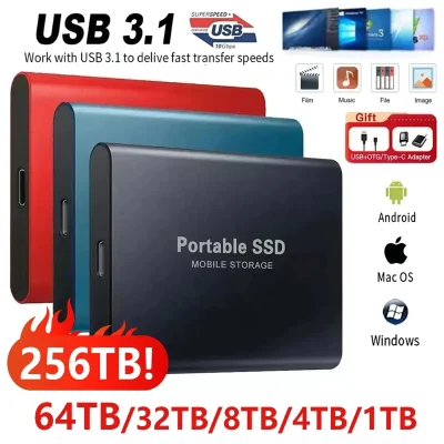 High-speed SSD 1TB External Hard Drive Portable 2TB Mobile Solid State Drive 256TB Mass External Hard Disk for Laptop/MAC/PC