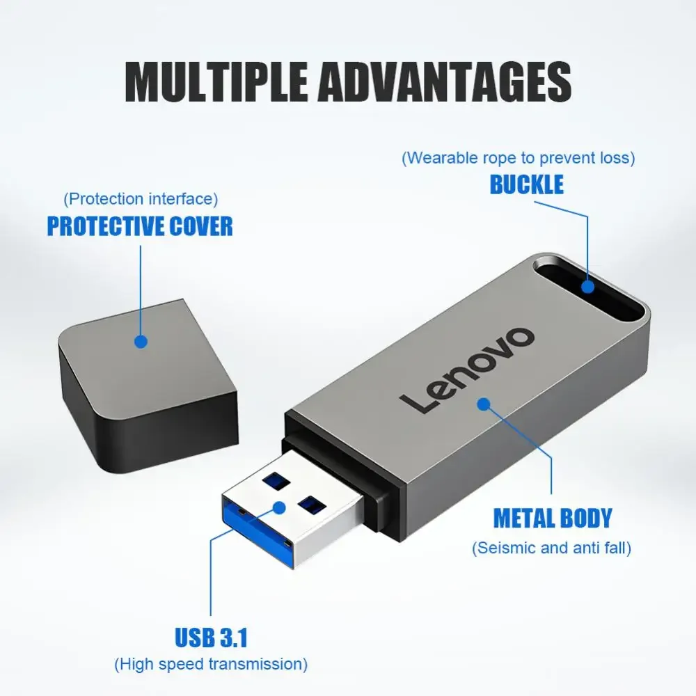 Lenovo USB 3.1 portable hard drive 2TB 1TB flash drive 512GB USB high-speed metal flash drive, suitable for PC