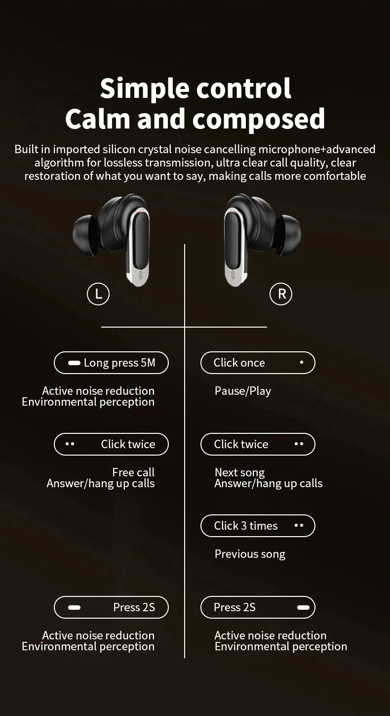 V8 screen display wireless Bluetooth earphones ANC active noise cancelling earbuds in ear earphones with built-in microphone