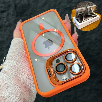 Luxury Magnetic Shockproof Phone Case For iPhone 15 16 14 13 12 11 Pro Max For Magsafe Funda Stand Glass Lens Protector Cover