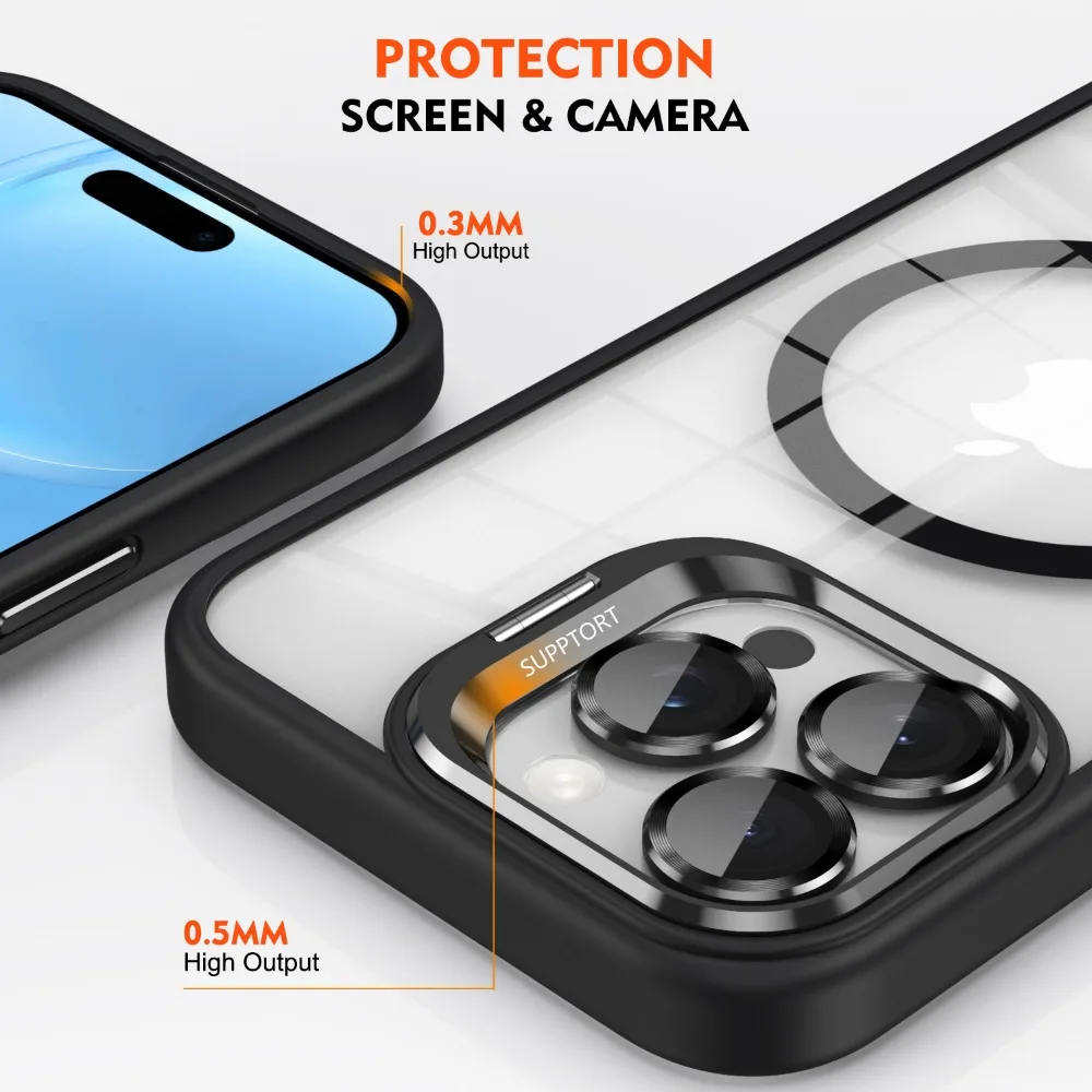 Luxury Magnetic Shockproof Phone Case For iPhone 15 16 14 13 12 11 Pro Max For Magsafe Funda Stand Glass Lens Protector Cover