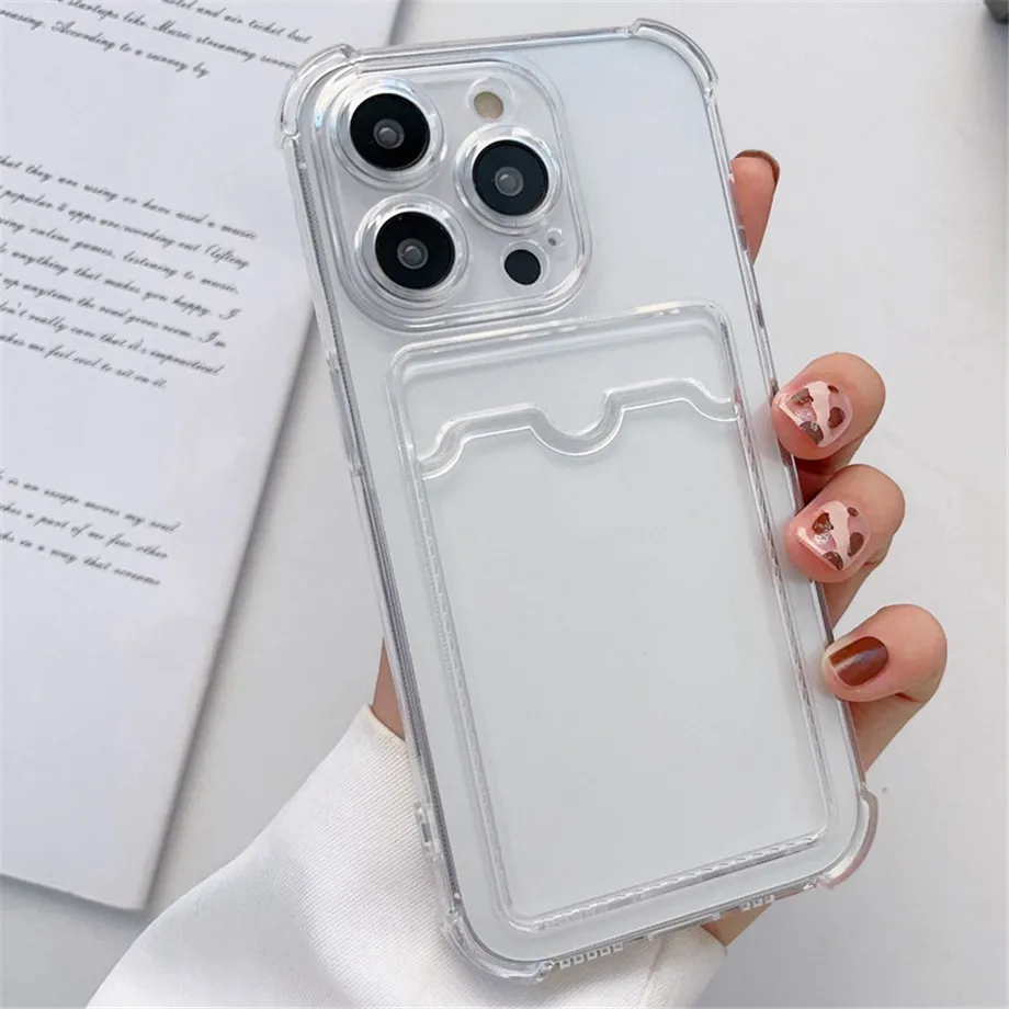 Transparent Card Slot Bag Holder Case For iPhone 16 15 14 13 12 11 Pro Max Mini X XR 7 8 Plus Clear Wallet Shockproof Soft Cover