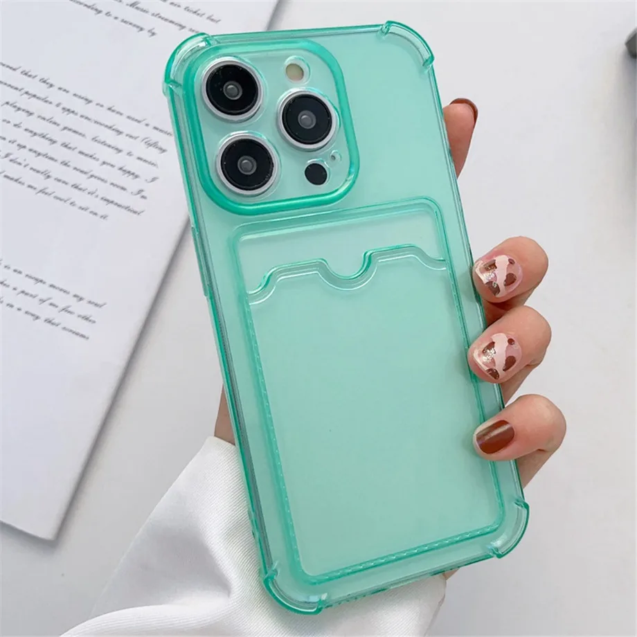 Transparent Card Slot Bag Holder Case For iPhone 16 15 14 13 12 11 Pro Max Mini X XR 7 8 Plus Clear Wallet Shockproof Soft Cover