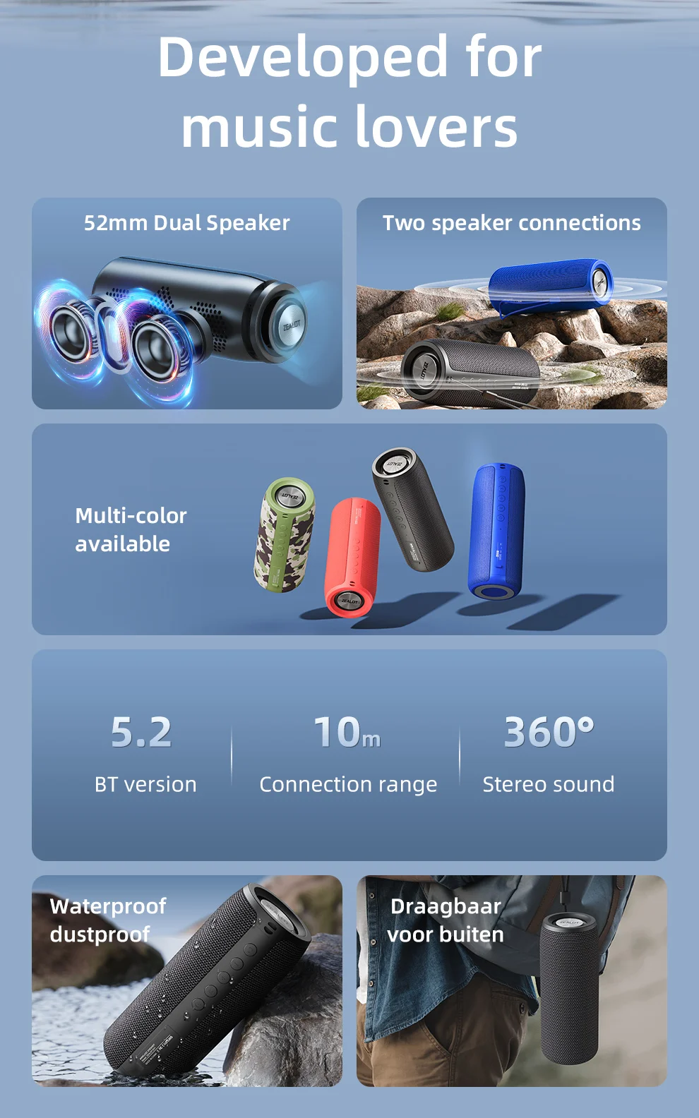 ZEALOT-S51 Powerful Bluetooth Speaker Bass Wireless Speakers Subwoofer Waterproof Sound Box Support TF, TWS, USB Flash Drive