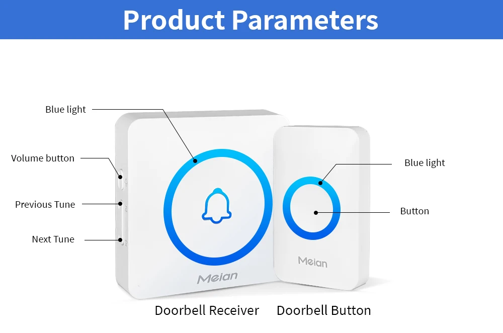 Meian-Outdoor Wireless Doorbell, Smart Home Welcome Doorbell, IP65 Waterproof Door Bell, Chime Kit, 60 Ringtone, LED Flash Alarm Meian-Outdoor Wireless Doorbell, Smart Home Welcome Doorbell, IP65 Waterproof Door Bell, Chime Kit, 60 Ringtone, LED Flash Alarm