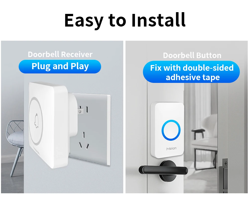 Meian-Outdoor Wireless Doorbell, Smart Home Welcome Doorbell, IP65 Waterproof Door Bell, Chime Kit, 60 Ringtone, LED Flash Alarm Meian-Outdoor Wireless Doorbell, Smart Home Welcome Doorbell, IP65 Waterproof Door Bell, Chime Kit, 60 Ringtone, LED Flash Alarm
