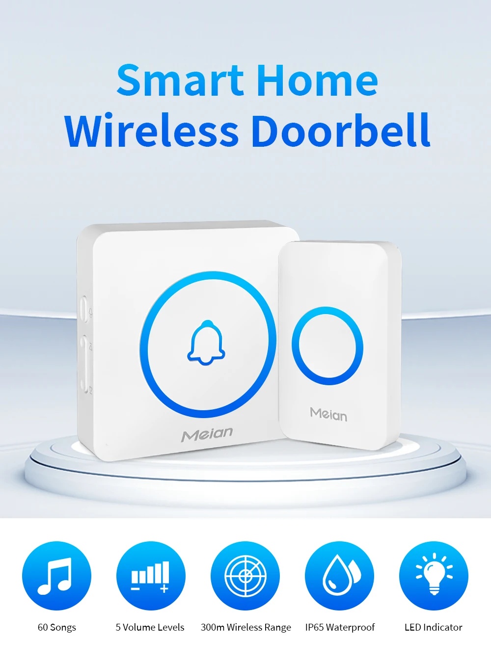 Meian-Outdoor Wireless Doorbell, Smart Home Welcome Doorbell, IP65 Waterproof Door Bell, Chime Kit, 60 Ringtone, LED Flash Alarm Meian-Outdoor Wireless Doorbell, Smart Home Welcome Doorbell, IP65 Waterproof Door Bell, Chime Kit, 60 Ringtone, LED Flash Alarm
