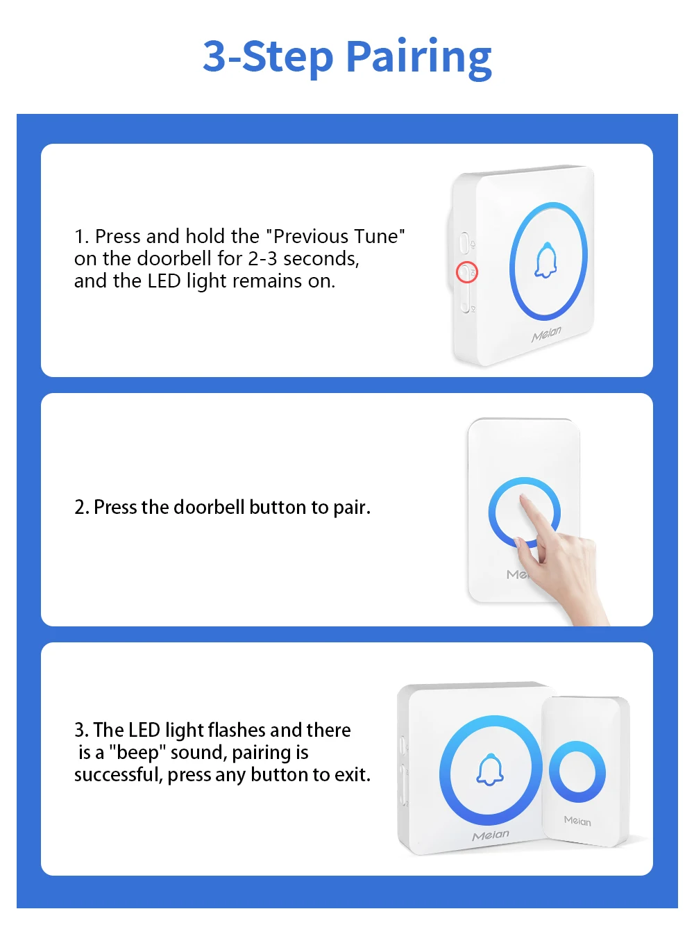 Meian-Outdoor Wireless Doorbell, Smart Home Welcome Doorbell, IP65 Waterproof Door Bell, Chime Kit, 60 Ringtone, LED Flash Alarm Meian-Outdoor Wireless Doorbell, Smart Home Welcome Doorbell, IP65 Waterproof Door Bell, Chime Kit, 60 Ringtone, LED Flash Alarm