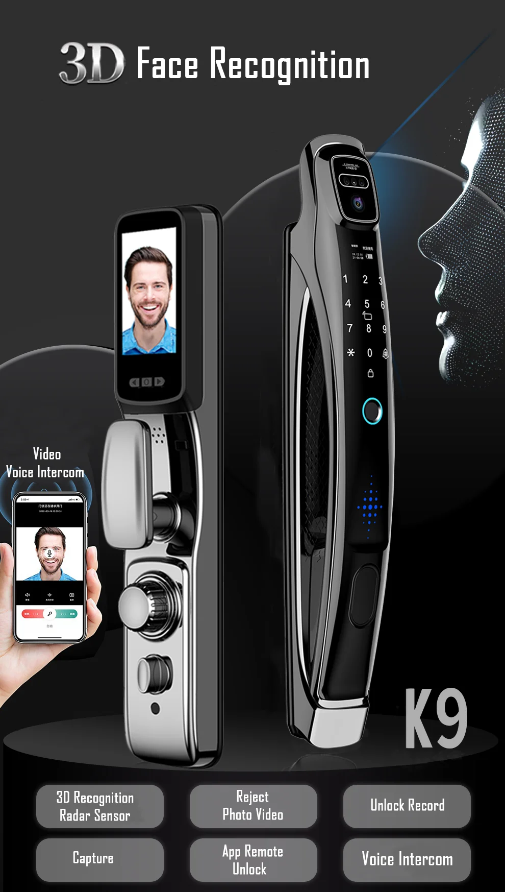 Alexa Voice Control Tuya APP Face Recognition Smart Door Lock Electronic Digital Door Lock Fully Automatic Door Lock With Camera
