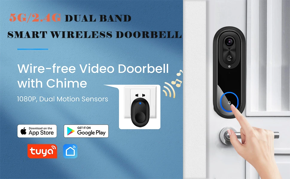 5G 2.4G WiFi Video Doorbell 1080P Wireless Bell Tuya APP Smart Intercom Camera IP65 Waterproof Ring Bell with 7000mAh Battery