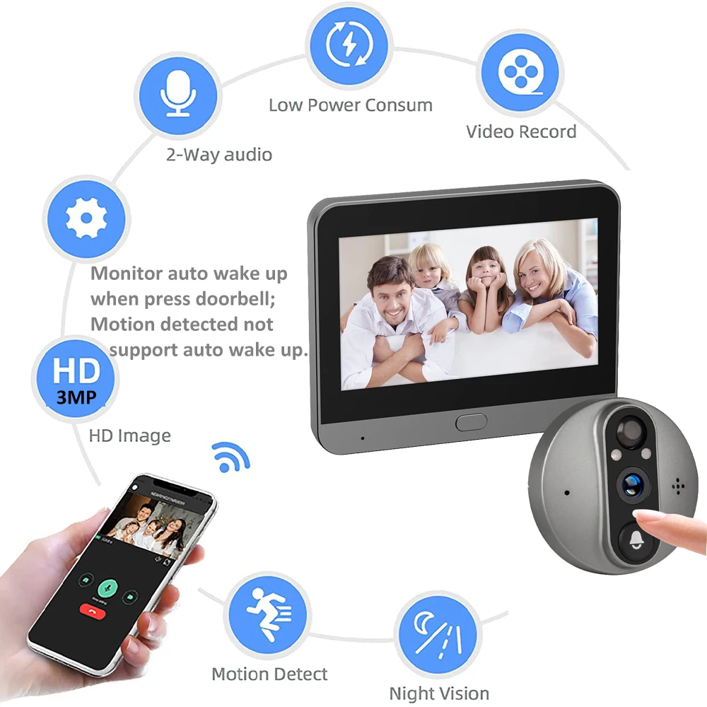 3MP Smart Life Tuya 1080P WiFi Door Bell Eye Peephole Camera 5000mAh Battery PIR Motion Detector IR Alexa Google Digital Viewer 3MP Smart Life Tuya 1080P WiFi Door Bell Eye Peephole Camera 5000mAh Battery PIR Motion Detector IR Alexa Google Digital Viewer