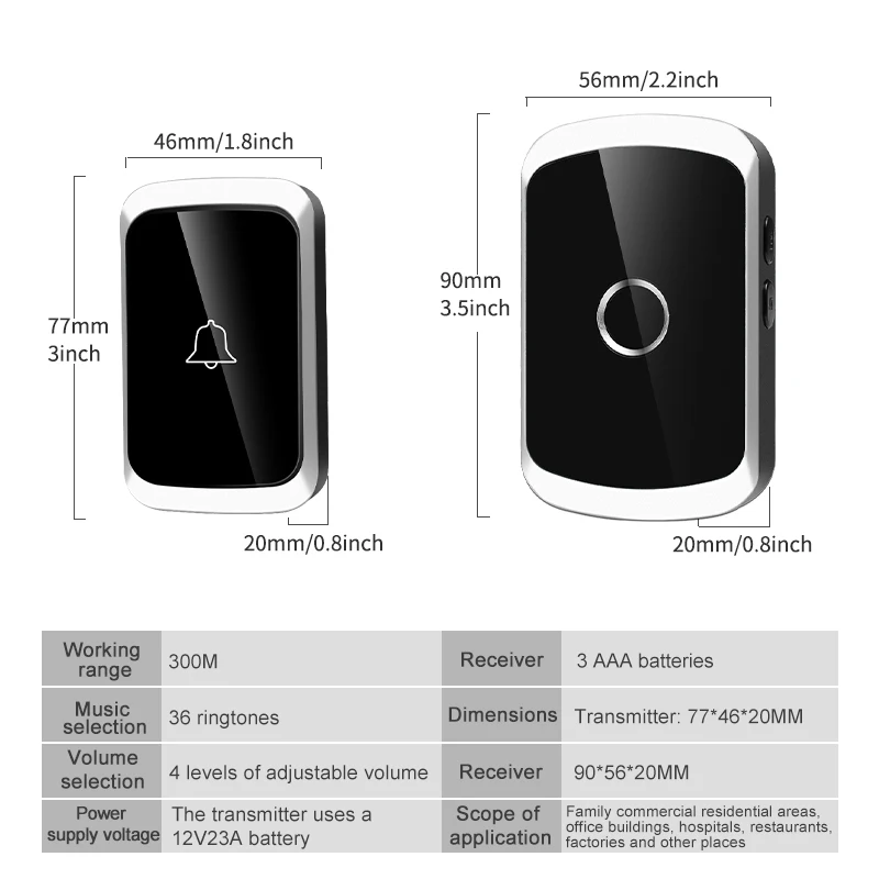 Smart Wireless Doorbell Door Chime Kit No Socket Required 300M/984 FT Remote 38 Songs Melodies Sound Home Door Bell Battery Type