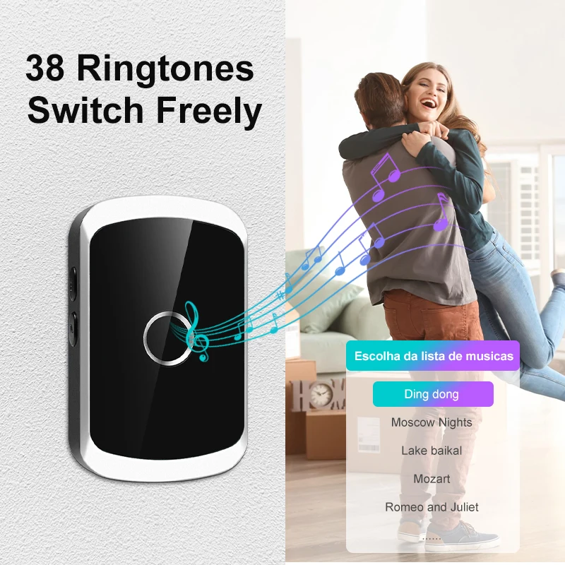 Smart Wireless Doorbell Door Chime Kit No Socket Required 300M/984 FT Remote 38 Songs Melodies Sound Home Door Bell Battery Type
