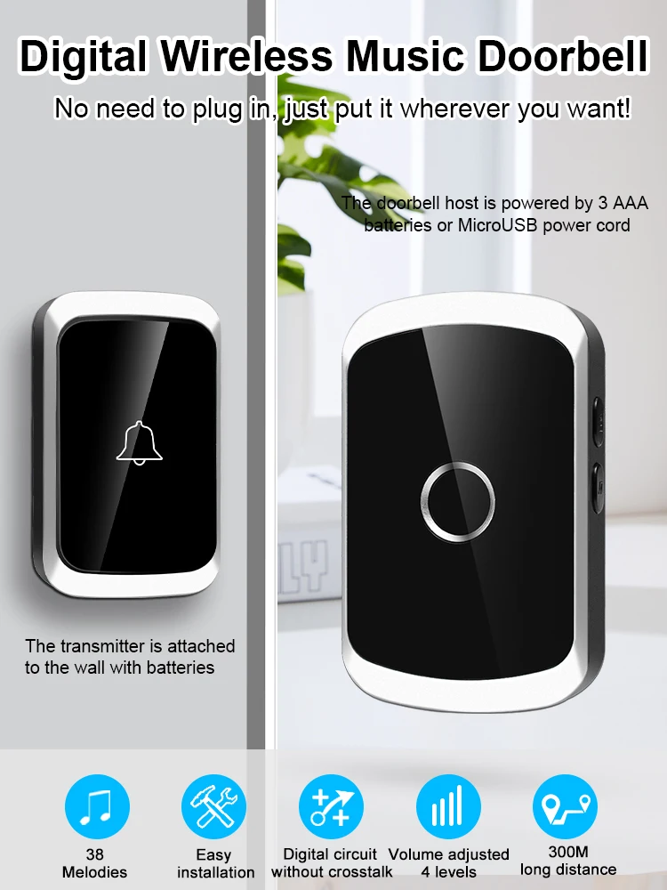 Smart Wireless Doorbell Door Chime Kit No Socket Required 300M/984 FT Remote 38 Songs Melodies Sound Home Door Bell Battery Type