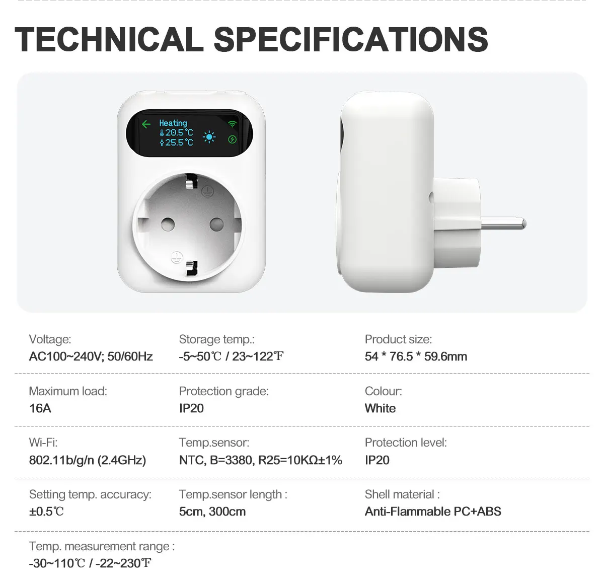 Tuya WIFI Digital Thermostat Socket 16A Outlet Plug Remote Temperature Controller Timer Switch Cooling Heating 3M NTC Sensor