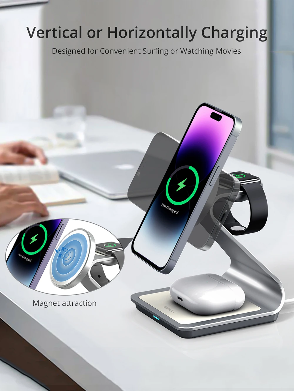 Bonola Magnetic 3 in 1 Wireless Charger for iPhone 15/13/14 Pro Max/12 30W Wireless Charging Station for Apple Watch/AirPods Pro