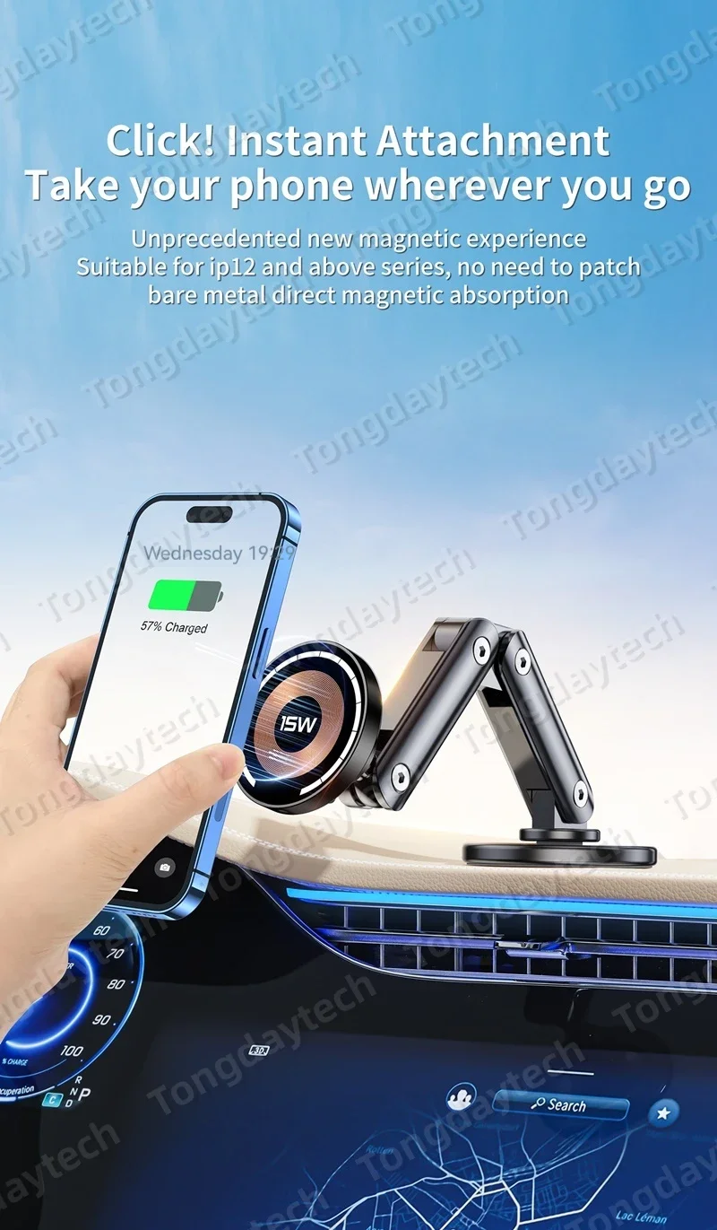 15W Car Magnetic Wireless Charger Holder 360 Rotation Metal Adjustable Angle in Car Stand For Iphone 15 14 13 12 Pro Max Samsung