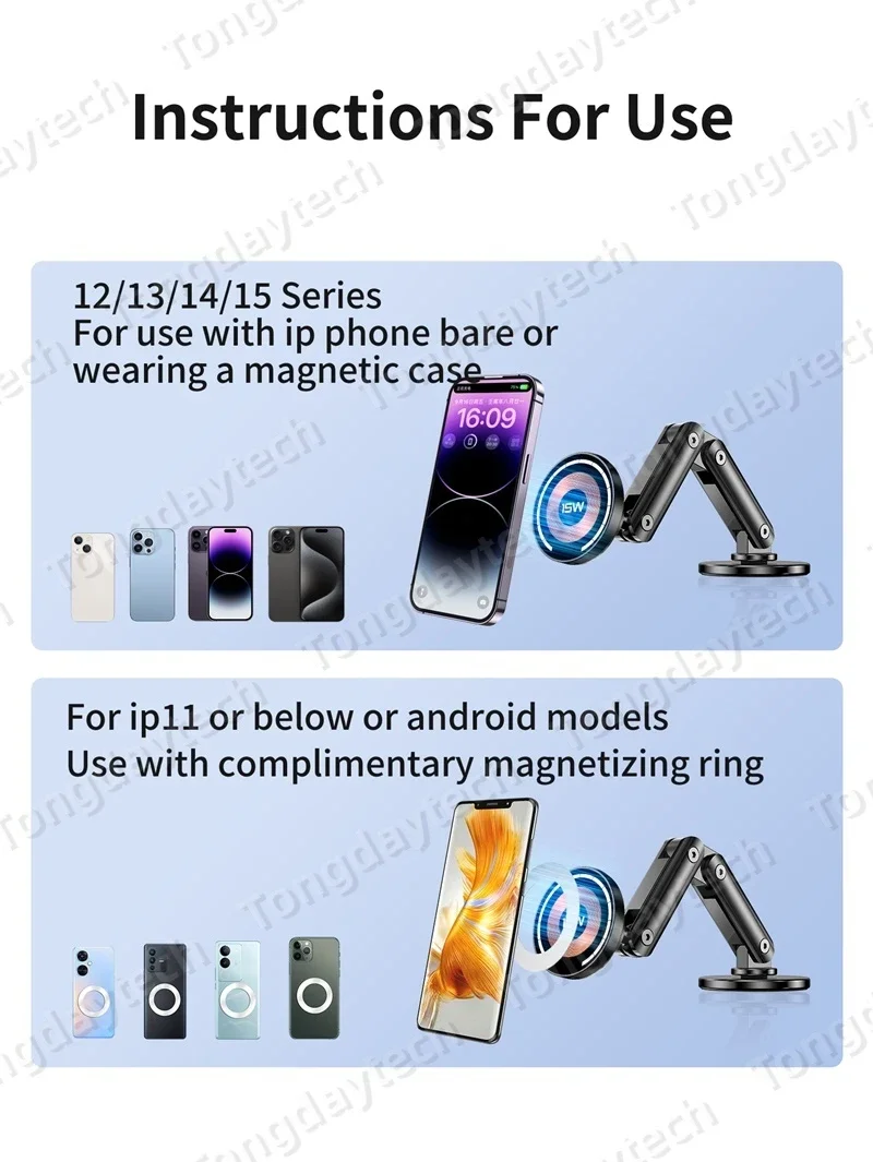 15W Car Magnetic Wireless Charger Holder 360 Rotation Metal Adjustable Angle in Car Stand For Iphone 15 14 13 12 Pro Max Samsung