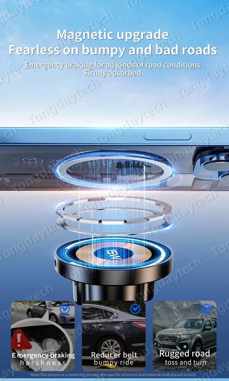 15W Car Magnetic Wireless Charger Holder 360 Rotation Metal Adjustable Angle in Car Stand For Iphone 15 14 13 12 Pro Max Samsung