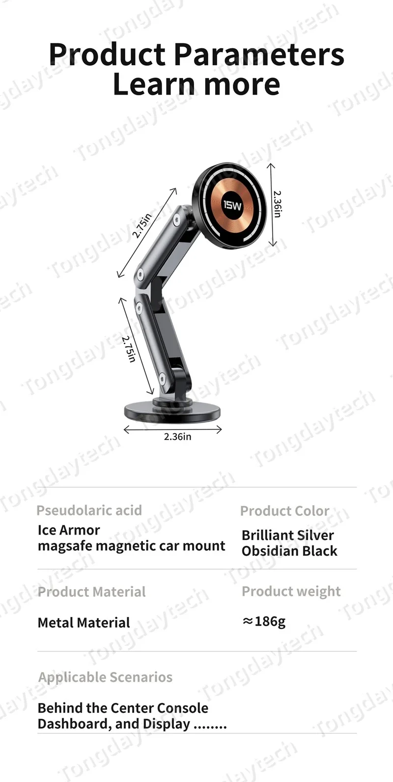 15W Car Magnetic Wireless Charger Holder 360 Rotation Metal Adjustable Angle in Car Stand For Iphone 15 14 13 12 Pro Max Samsung