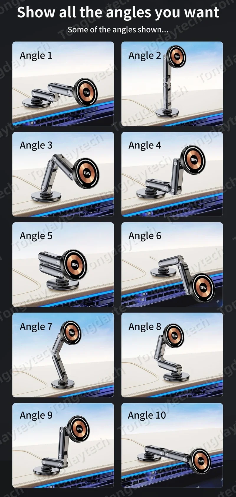 15W Car Magnetic Wireless Charger Holder 360 Rotation Metal Adjustable Angle in Car Stand For Iphone 15 14 13 12 Pro Max Samsung
