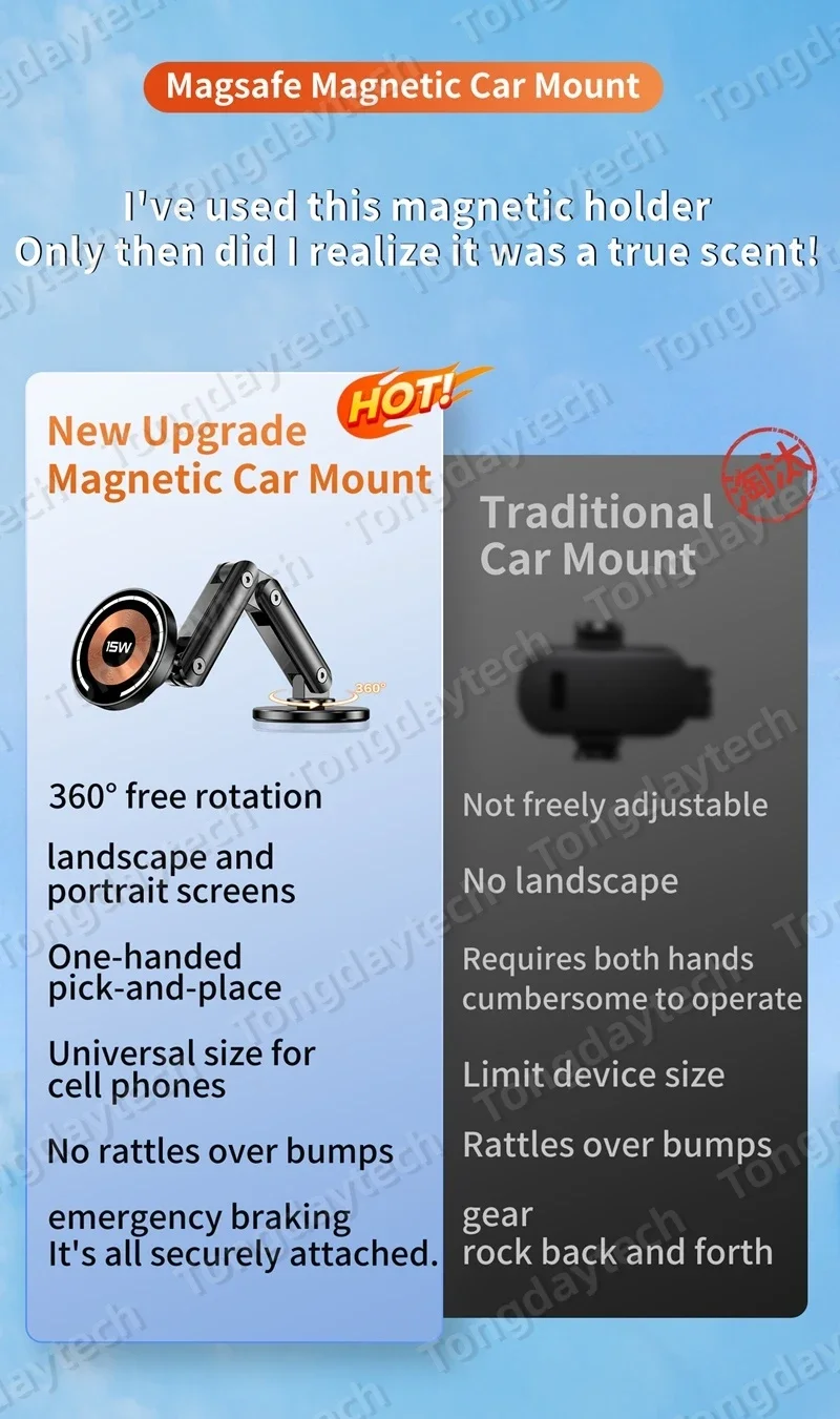 15W Car Magnetic Wireless Charger Holder 360 Rotation Metal Adjustable Angle in Car Stand For Iphone 15 14 13 12 Pro Max Samsung