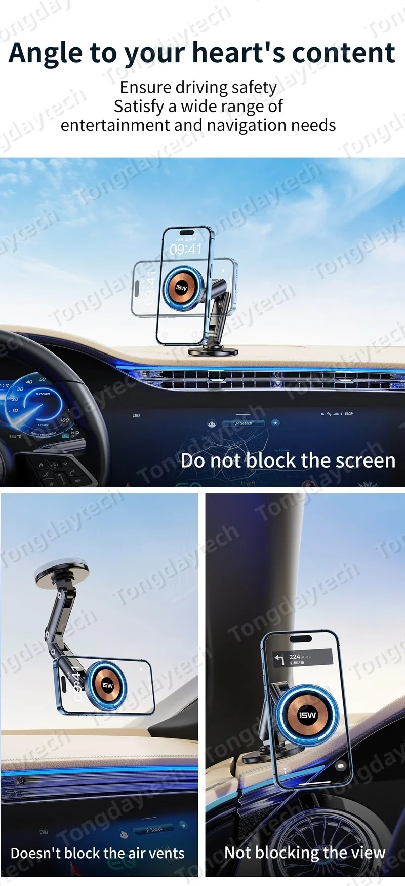 15W Car Magnetic Wireless Charger Holder 360 Rotation Metal Adjustable Angle in Car Stand For Iphone 15 14 13 12 Pro Max Samsung
