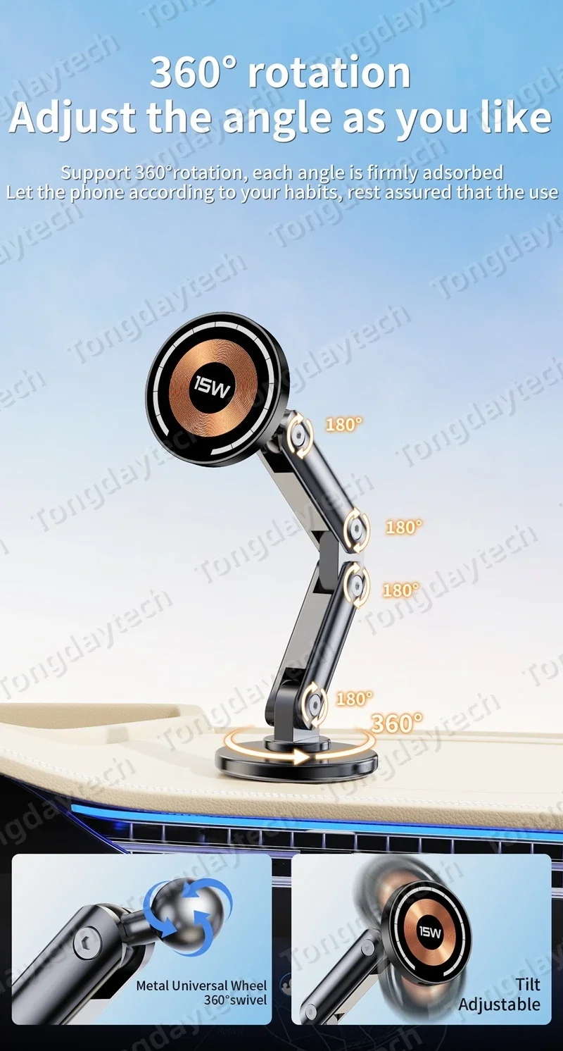 15W Car Magnetic Wireless Charger Holder 360 Rotation Metal Adjustable Angle in Car Stand For Iphone 15 14 13 12 Pro Max Samsung