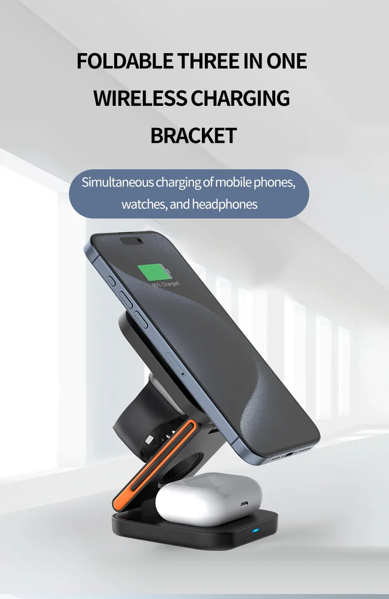 30W 3 in 1 Foldable Charging Station Fast Magnetic Wireless Charger Stand for iPhone 15 14 13 12 Apple Watch 8 7 6 Airpods Pro