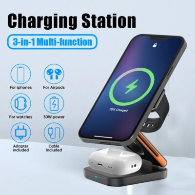 30W 3 in 1 Foldable Charging Station Fast Magnetic Wireless Charger Stand for iPhone 15 14 13 12 Apple Watch 8 7 6 Airpods Pro - Image 2