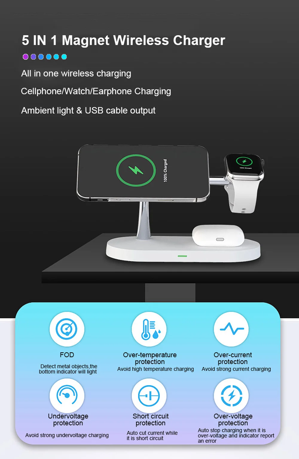 5 in 1 Magnetic Wireless Chargers Stand For iPhone 13 14 Charger Dock Station for Airpods Pro Wireless Charger With night light