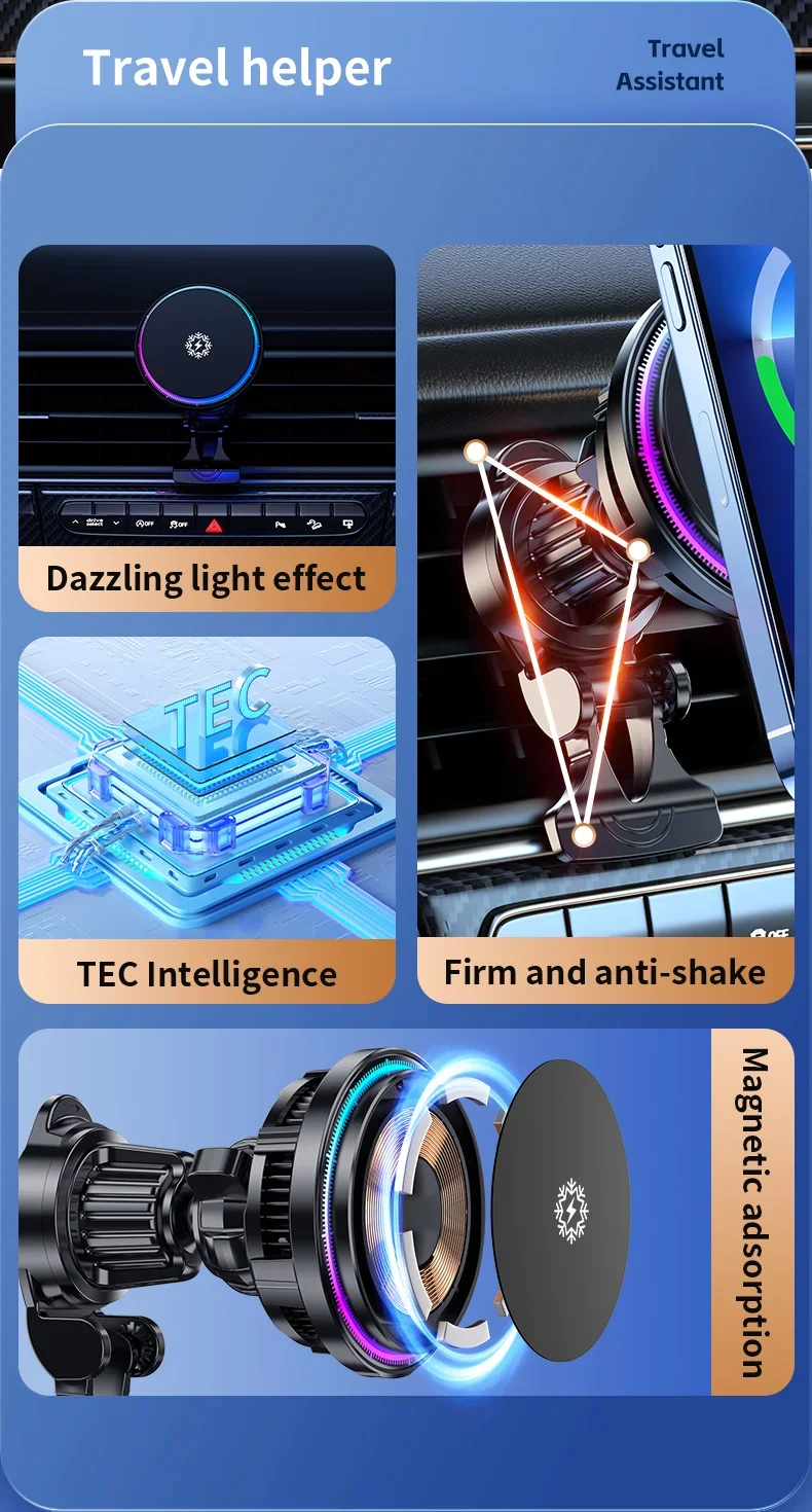 15W Ice Cooling Magnetic Wireless Car Charger Fast Charging Station For iPhone 15 14 13 Pro Max MacSafe Car Phone Holder Stand