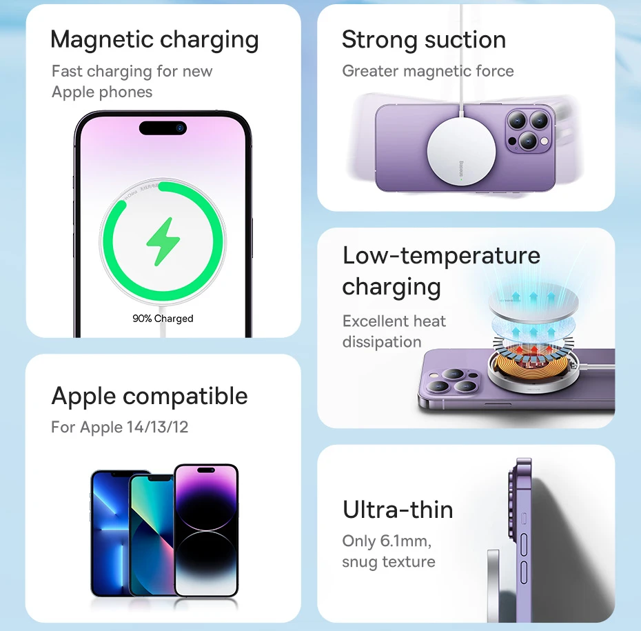 Baseus 15W Magnetic Wireless Chargers for iPhone 14 Qi Wireless Charger Fast Charging Pad for iPhone 16 15 14 Mini Phone Charger