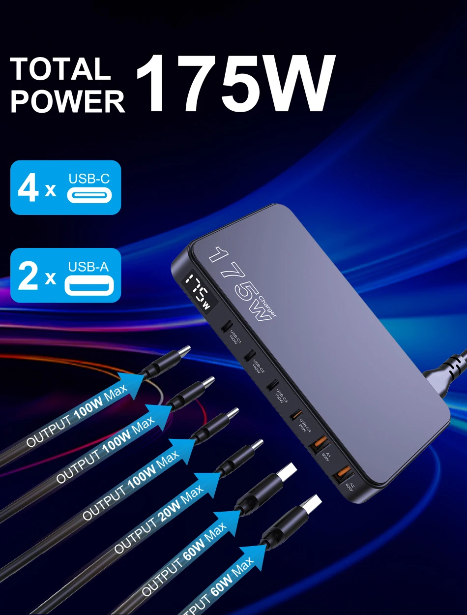 Ueetop 175W GaN USB C Charger LED Display 6-Port Desktop Charger Type C PD 100W PPS 45W Fast Charging for MacBook Samsung iPhone Ueetop 175W GaN USB C Charger LED Display 6-Port Desktop Charger Type C PD 100W PPS 45W Fast Charging for MacBook Samsung iPhone