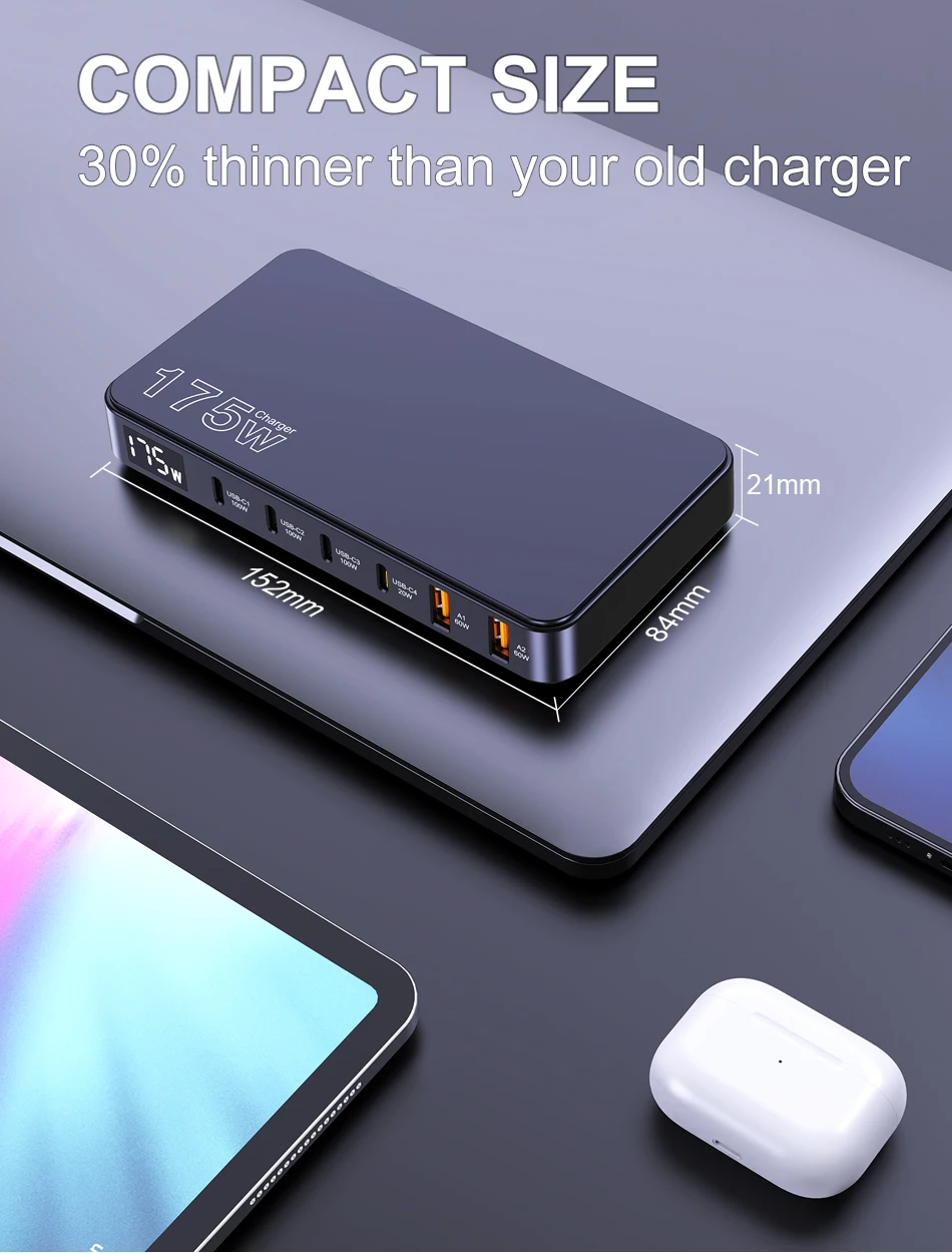 Ueetop 175W GaN USB C Charger LED Display 6-Port Desktop Charger Type C PD 100W PPS 45W Fast Charging for MacBook Samsung iPhone Ueetop 175W GaN USB C Charger LED Display 6-Port Desktop Charger Type C PD 100W PPS 45W Fast Charging for MacBook Samsung iPhone