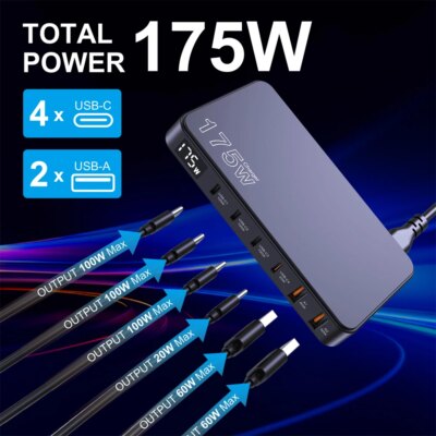 Ueetop 175W GaN USB C Charger LED Display 6-Port Desktop Charger Type C PD 100W PPS 45W Fast Charging for MacBook Samsung iPhone - Image 3