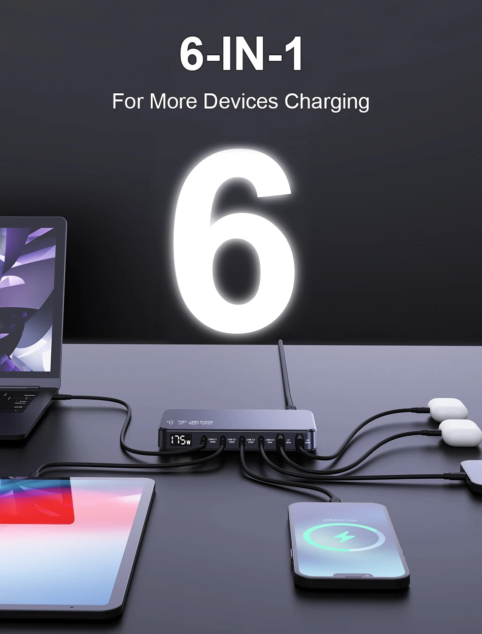 Ueetop 175W GaN USB C Charger LED Display 6-Port Desktop Charger Type C PD 100W PPS 45W Fast Charging for MacBook Samsung iPhone Ueetop 175W GaN USB C Charger LED Display 6-Port Desktop Charger Type C PD 100W PPS 45W Fast Charging for MacBook Samsung iPhone