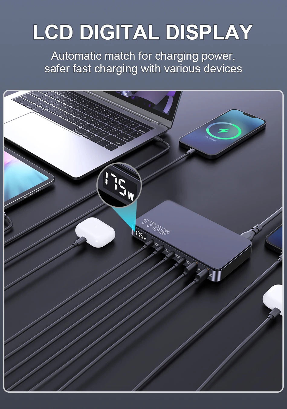 Ueetop 175W GaN USB C Charger LED Display 6-Port Desktop Charger Type C PD 100W PPS 45W Fast Charging for MacBook Samsung iPhone Ueetop 175W GaN USB C Charger LED Display 6-Port Desktop Charger Type C PD 100W PPS 45W Fast Charging for MacBook Samsung iPhone