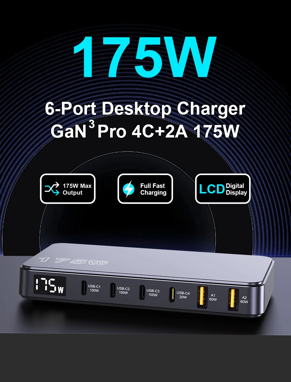Ueetop 175W GaN USB C Charger LED Display 6-Port Desktop Charger Type C PD 100W PPS 45W Fast Charging for MacBook Samsung iPhone Ueetop 175W GaN USB C Charger LED Display 6-Port Desktop Charger Type C PD 100W PPS 45W Fast Charging for MacBook Samsung iPhone