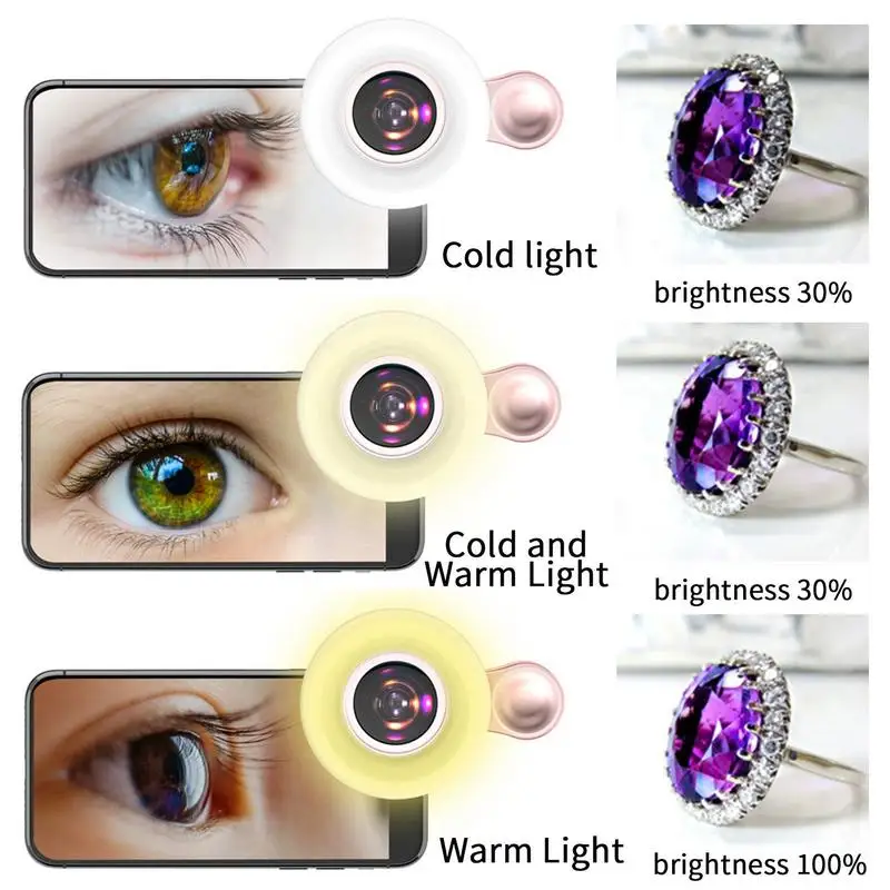 Macro Lens for Mobile 20X Fill Ring Light Selfie Live Lamp Camera Lens with LED Universal Flash Smartphone Portable Light Clip