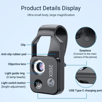 200X Zoom Phone Mini Pocket Microscope with CPL Lens LED Light Mobile Phone External Lens Portable Phone Microscope Camera - Image 5