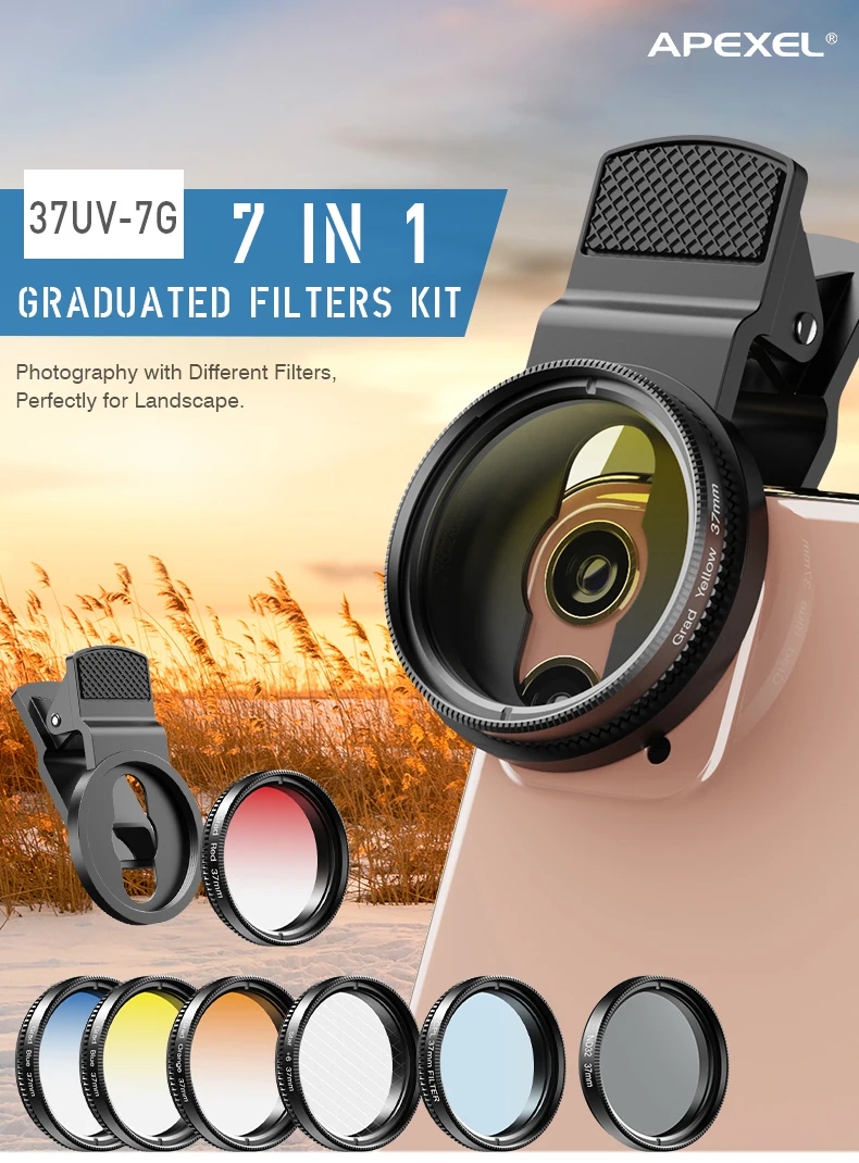 APEXEL 7 IN 1 camera Phone Lens Kit 37mm Graduate Red Blue Yellow Filters+CPL ND/Star Filters for iPhone Samsung all Smartphones APEXEL 7 IN 1 camera Phone Lens Kit 37mm Graduate Red Blue Yellow Filters+CPL ND/Star Filters for iPhone Samsung all Smartphones