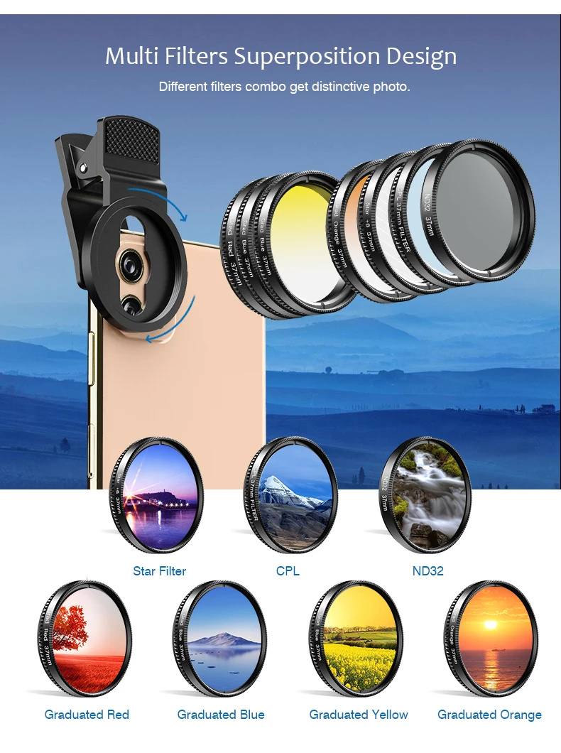 APEXEL 7 IN 1 camera Phone Lens Kit 37mm Graduate Red Blue Yellow Filters+CPL ND/Star Filters for iPhone Samsung all Smartphones APEXEL 7 IN 1 camera Phone Lens Kit 37mm Graduate Red Blue Yellow Filters+CPL ND/Star Filters for iPhone Samsung all Smartphones