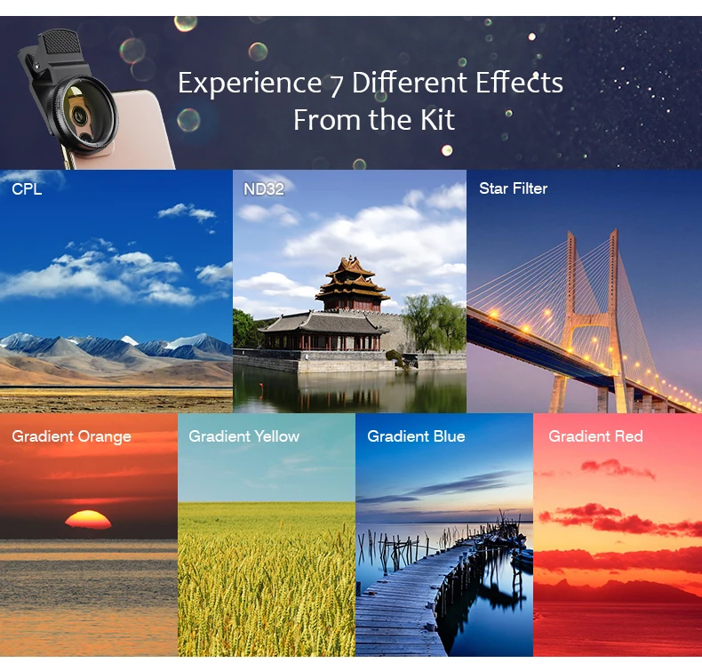 APEXEL 7 IN 1 camera Phone Lens Kit 37mm Graduate Red Blue Yellow Filters+CPL ND/Star Filters for iPhone Samsung all Smartphones APEXEL 7 IN 1 camera Phone Lens Kit 37mm Graduate Red Blue Yellow Filters+CPL ND/Star Filters for iPhone Samsung all Smartphones