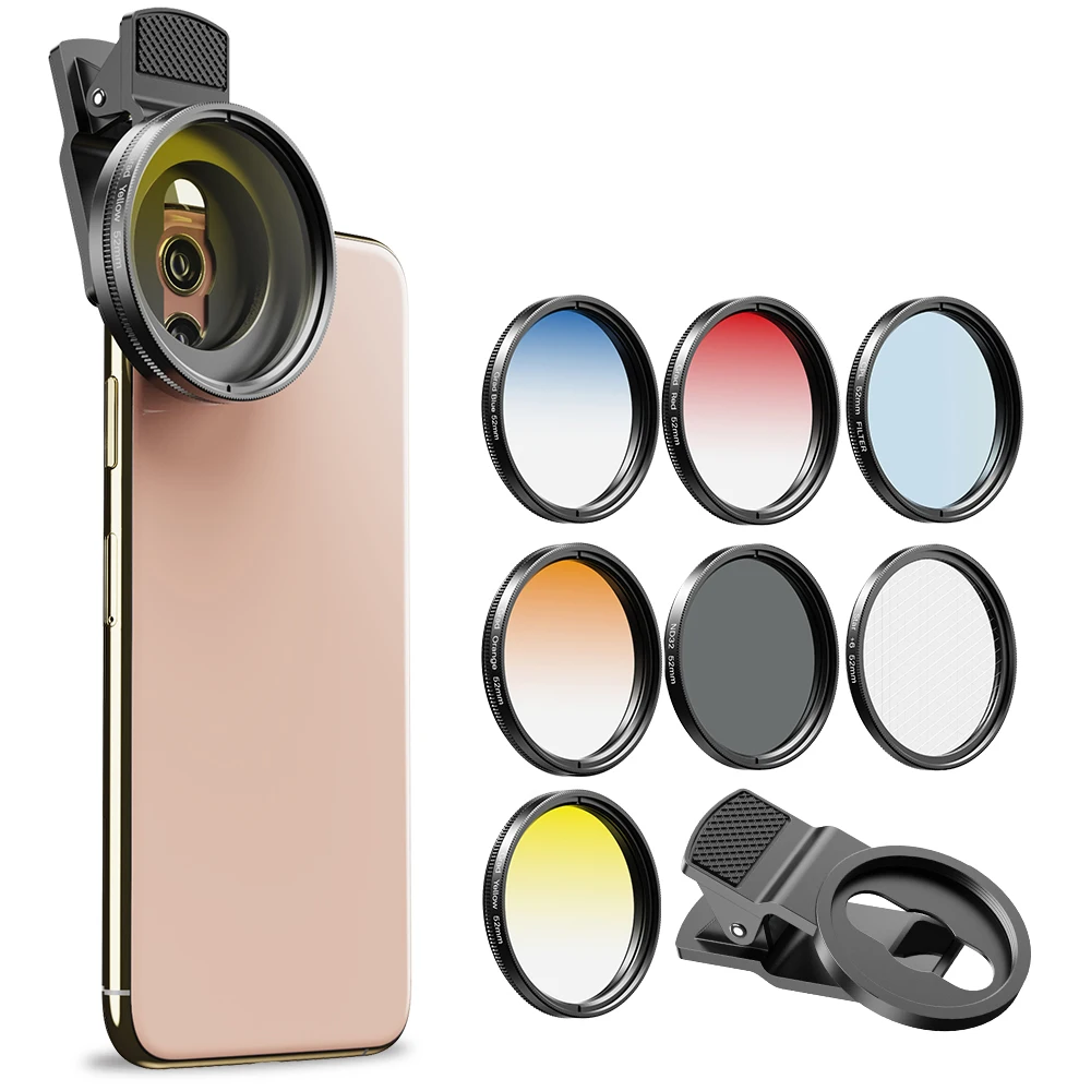 APEXEL 52mm 7in1 Gradual Filter Lens Kit CPL Star Gradient Red Yellow Blue Camera Filters Phone Lens For all smartphones 52UV-G