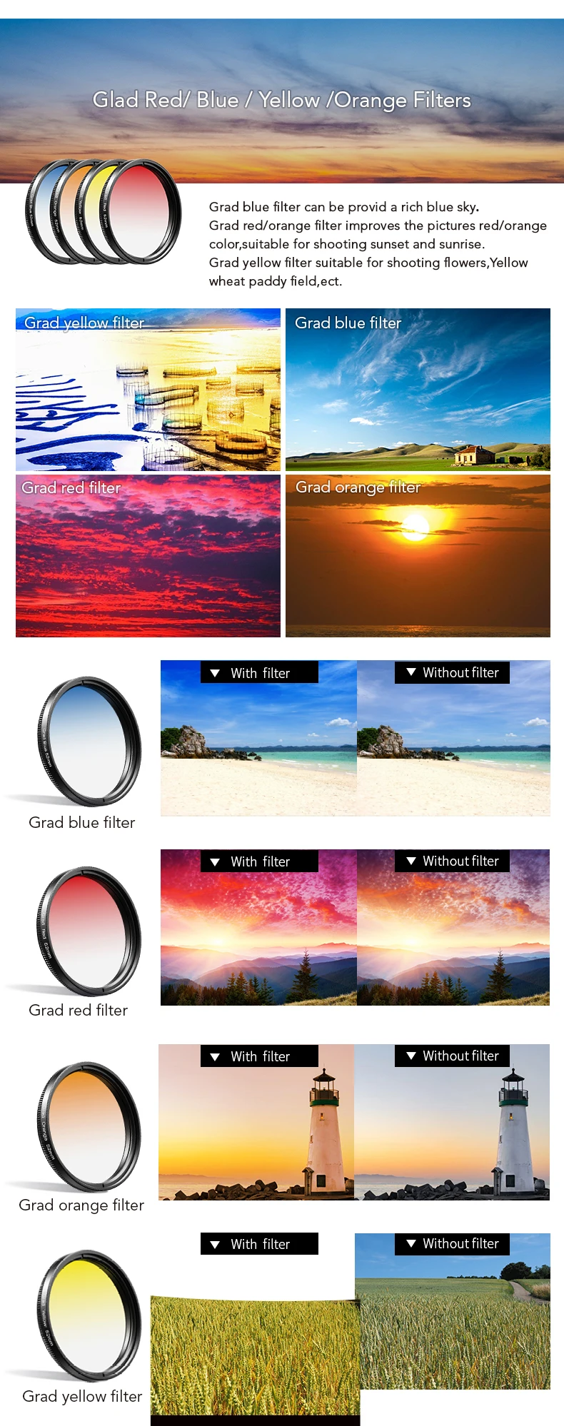 APEXEL 52mm 7in1 Gradual Filter Lens Kit CPL Star Gradient Red Yellow Blue Camera Filters Phone Lens For all smartphones 52UV-G
