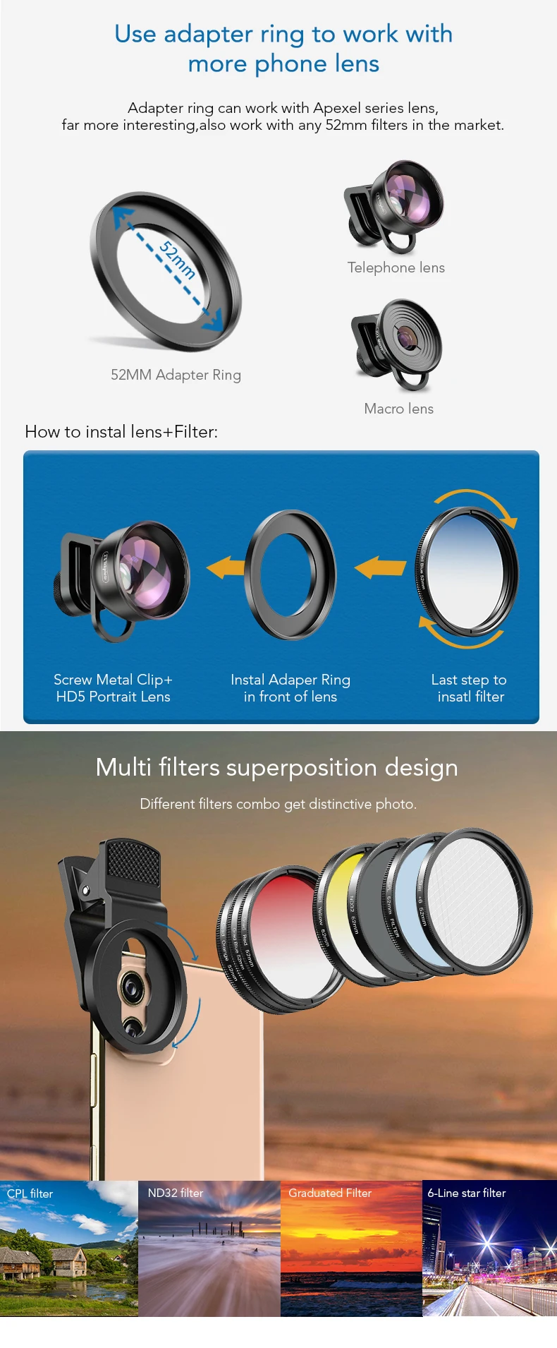 APEXEL 52mm 7in1 Gradual Filter Lens Kit CPL Star Gradient Red Yellow Blue Camera Filters Phone Lens For all smartphones 52UV-G