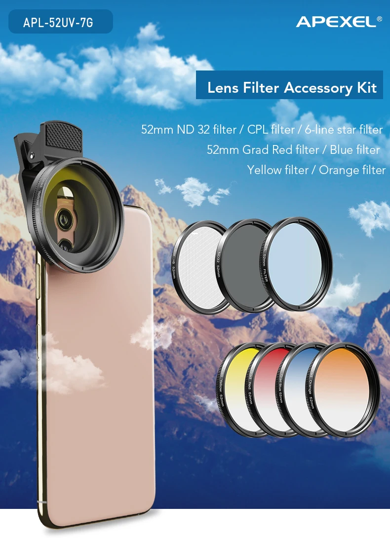 APEXEL 52mm 7in1 Gradual Filter Lens Kit CPL Star Gradient Red Yellow Blue Camera Filters Phone Lens For all smartphones 52UV-G