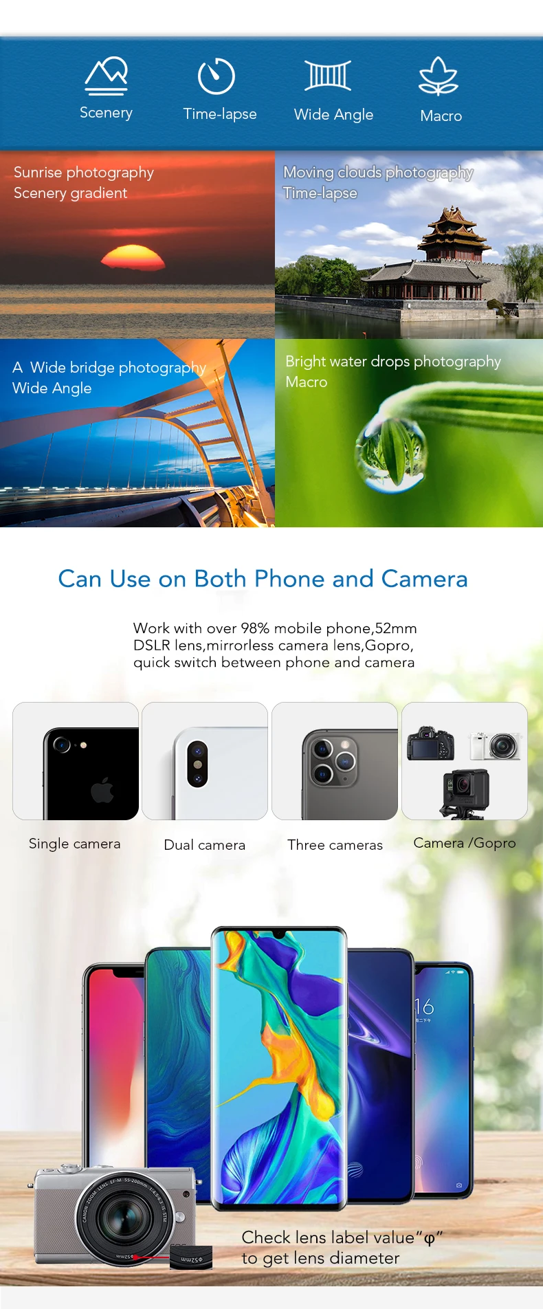 APEXEL 52mm 7in1 Gradual Filter Lens Kit CPL Star Gradient Red Yellow Blue Camera Filters Phone Lens For all smartphones 52UV-G