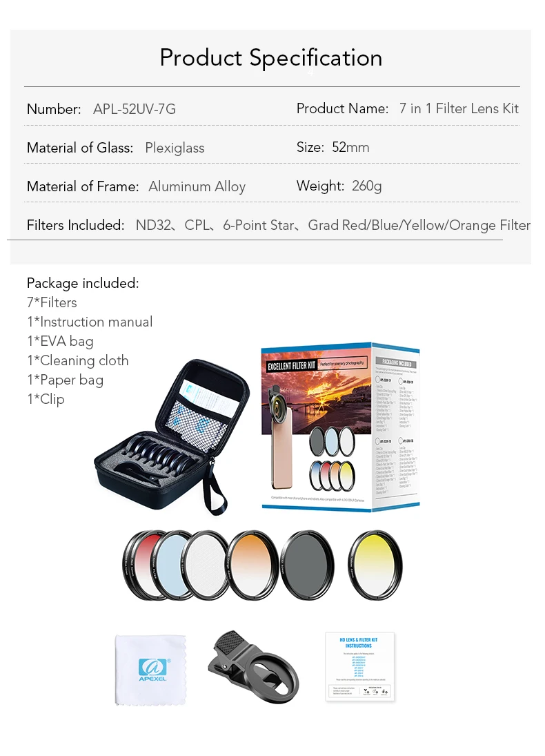 APEXEL 52mm 7in1 Gradual Filter Lens Kit CPL Star Gradient Red Yellow Blue Camera Filters Phone Lens For all smartphones 52UV-G